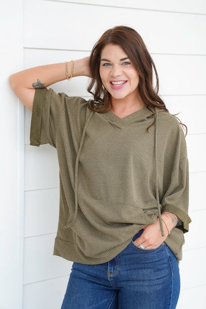 Door Buster! Plus/Reg Textured 3/4 Sleeve Hoodie Top with Front Pocket
