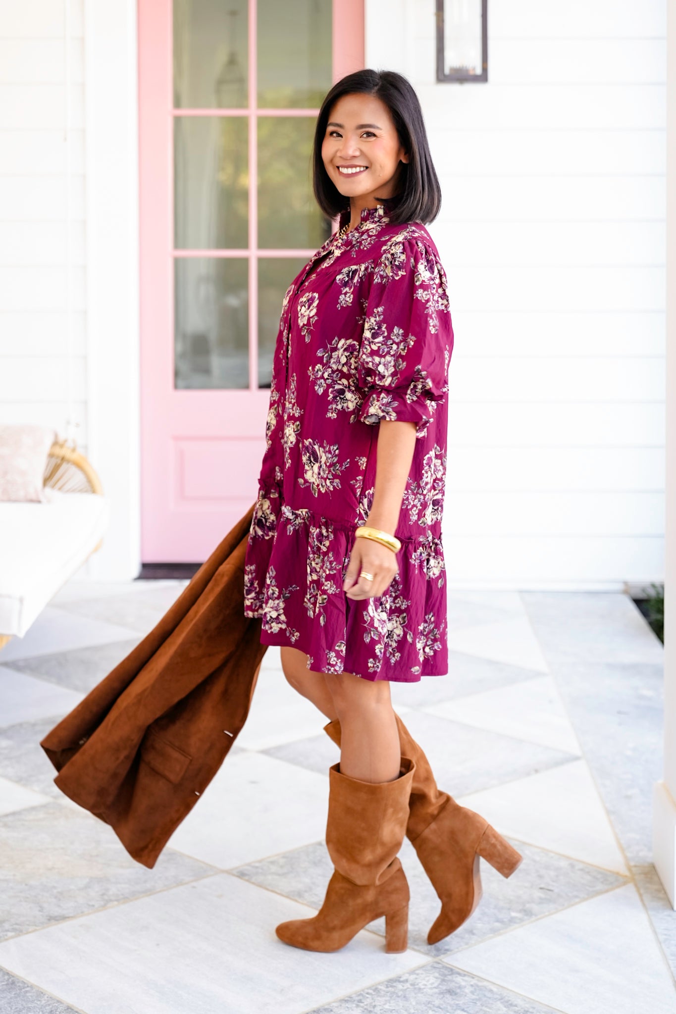 Floral Short Puff Sleeve Ruffle Hem Dress