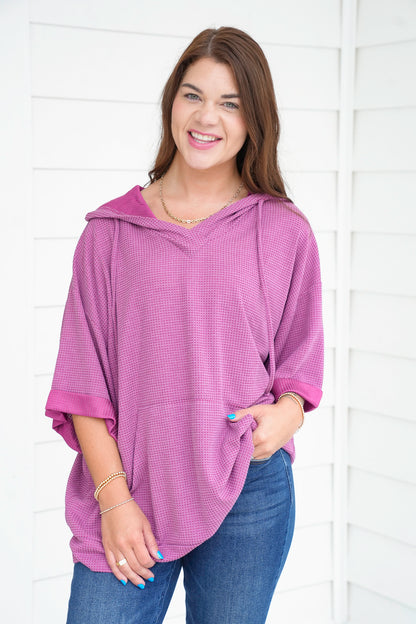 Door Buster! Plus/Reg Textured 3/4 Sleeve Hoodie Top with Front Pocket