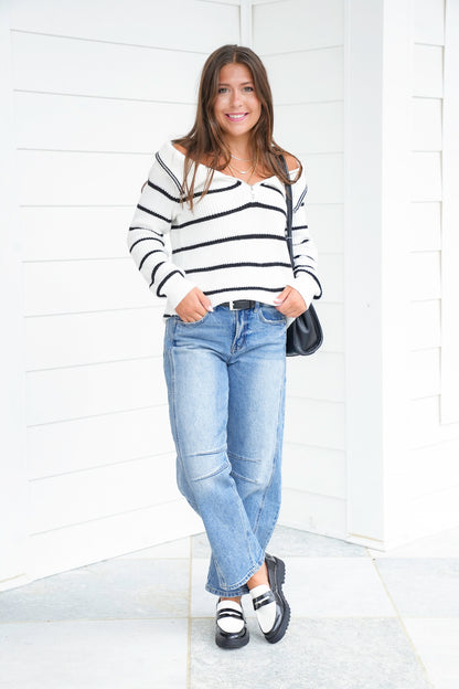Striped Long Sleeve Off Shoulder Knit Sweater