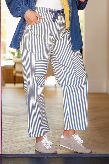 Navy Stripe Twill Barrel Pants