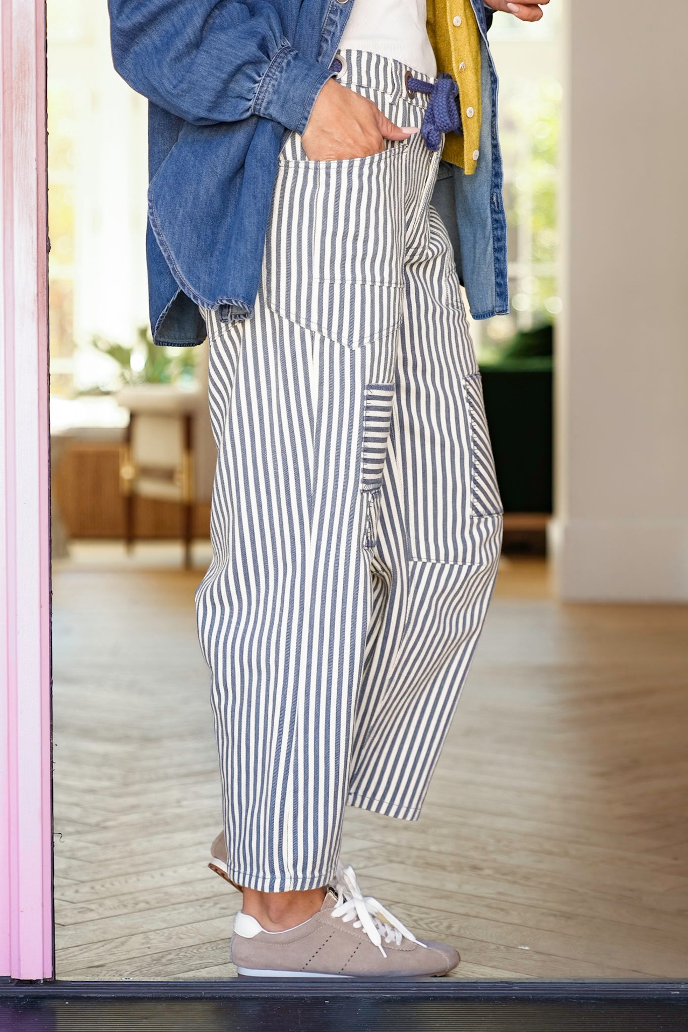 Navy Stripe Twill Barrel Pants