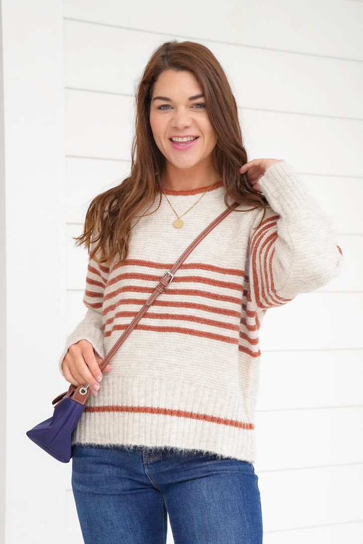 Plus/Reg Long Sleeve Crew Neck Striped Sweater