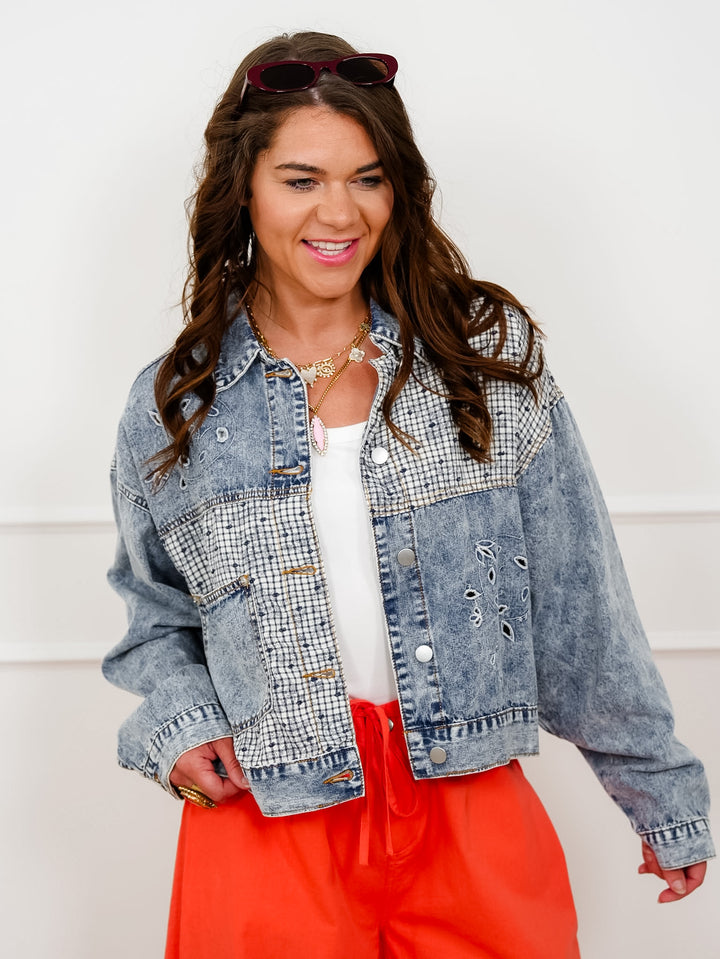 POL Swiss Dot Plaid Accent Denim Jacket with Eyelet Detail