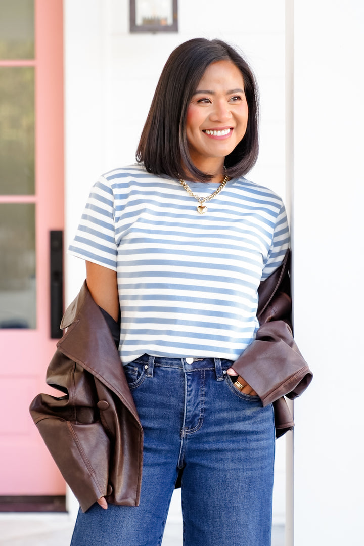 Blue Stripe Short Sleeve Basic Top