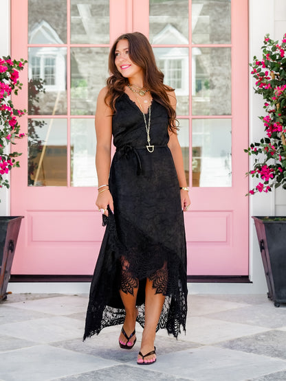 Black Sleeveless V-Neck Wrap Midi Dress with Lace Trim - Freckled Poppy