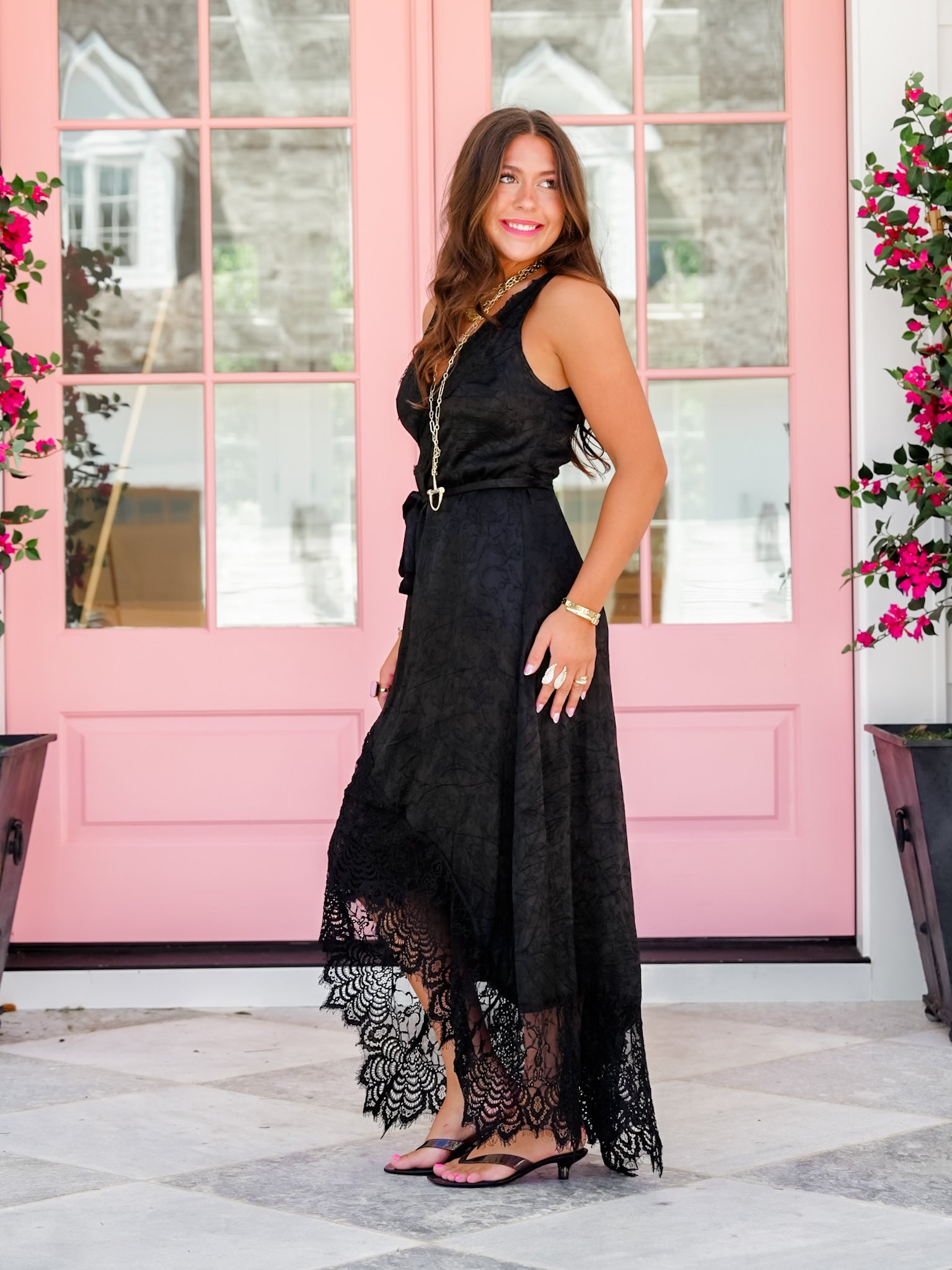 Black Sleeveless V-Neck Wrap Midi Dress with Lace Trim - Freckled Poppy