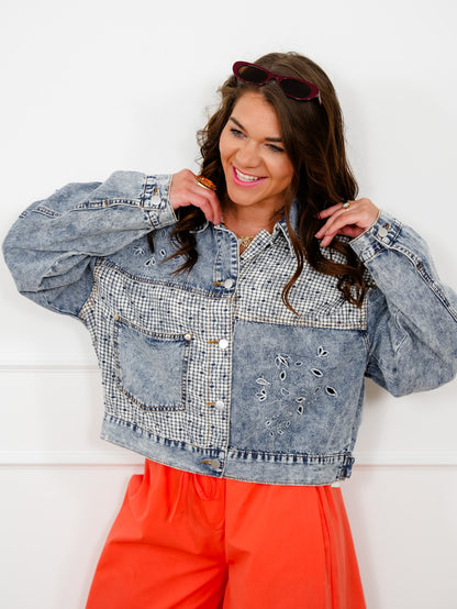 POL Swiss Dot Plaid Accent Denim Jacket with Eyelet Detail