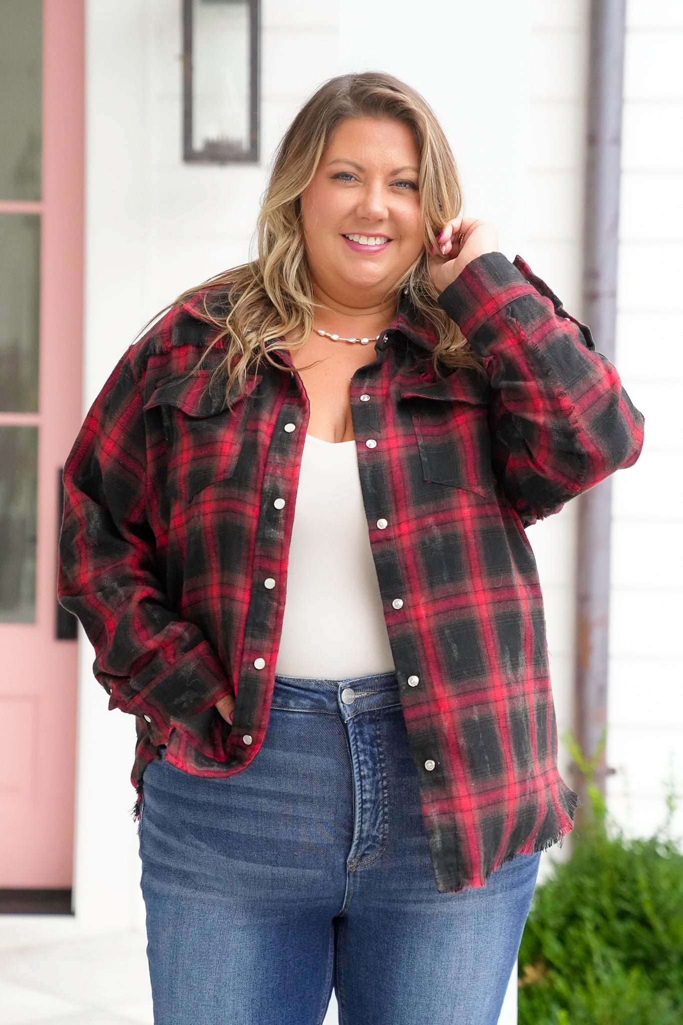 Plus/Reg Plaid Long Sleeve Button Down Top