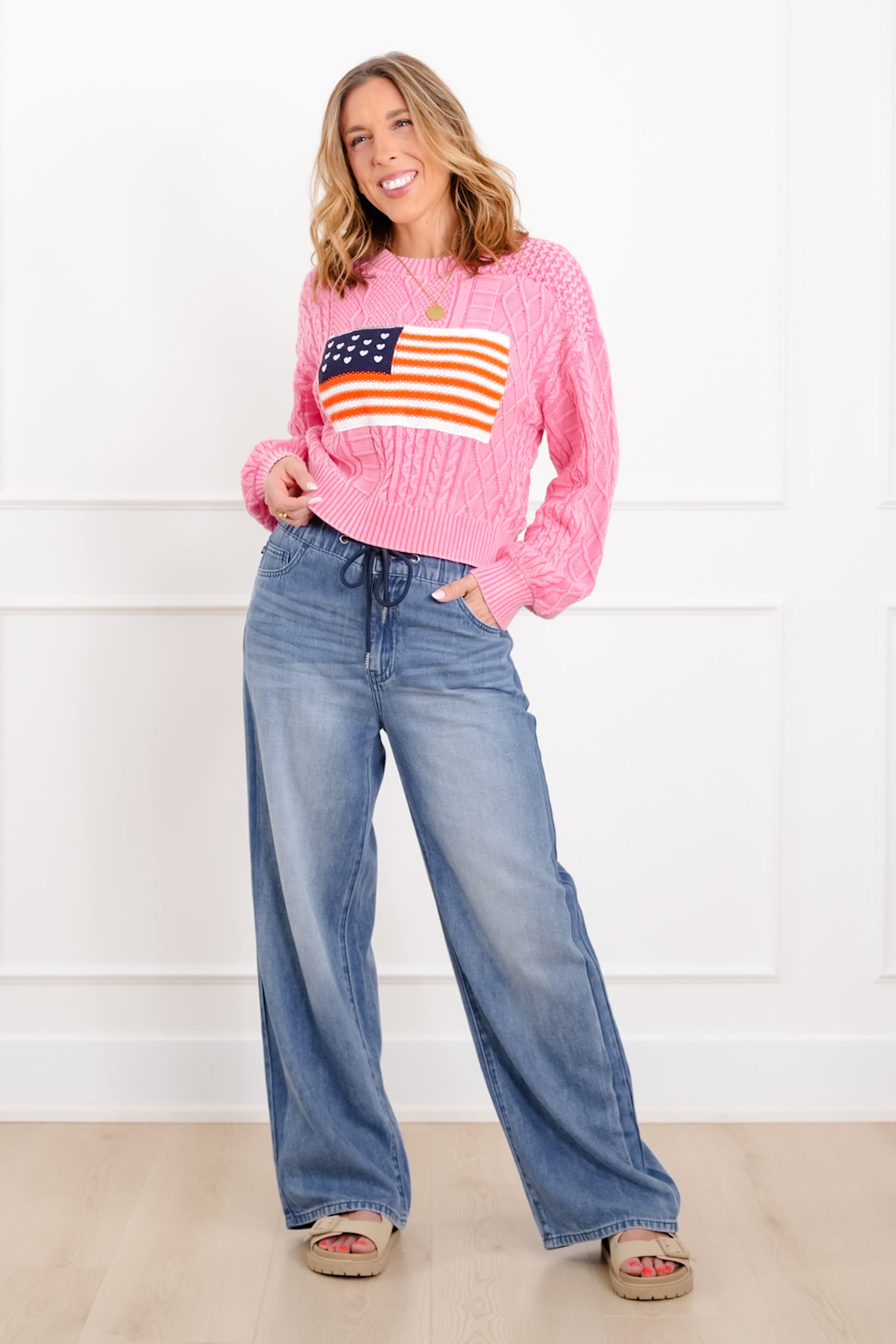 POL Long Sleeve Round Neck American Flag Sweater