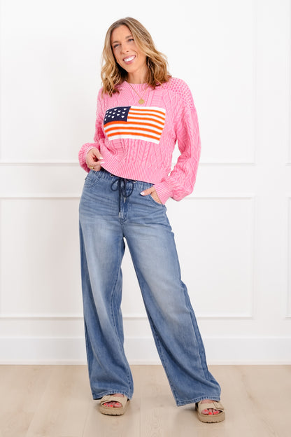 POL Long Sleeve Round Neck American Flag Sweater