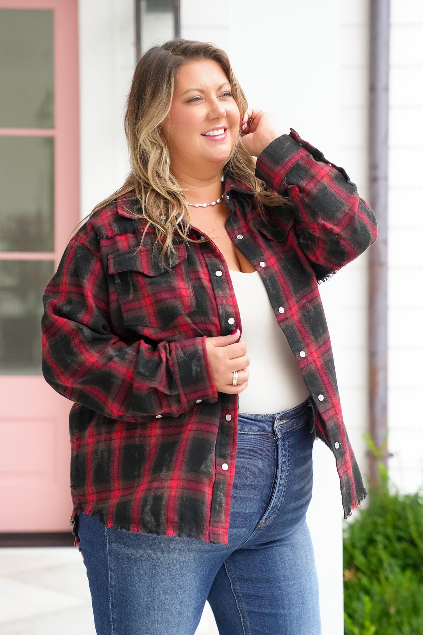 Plus/Reg Plaid Long Sleeve Button Down Top