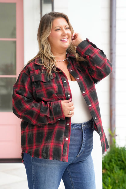 Plus/Reg Plaid Long Sleeve Button Down Top