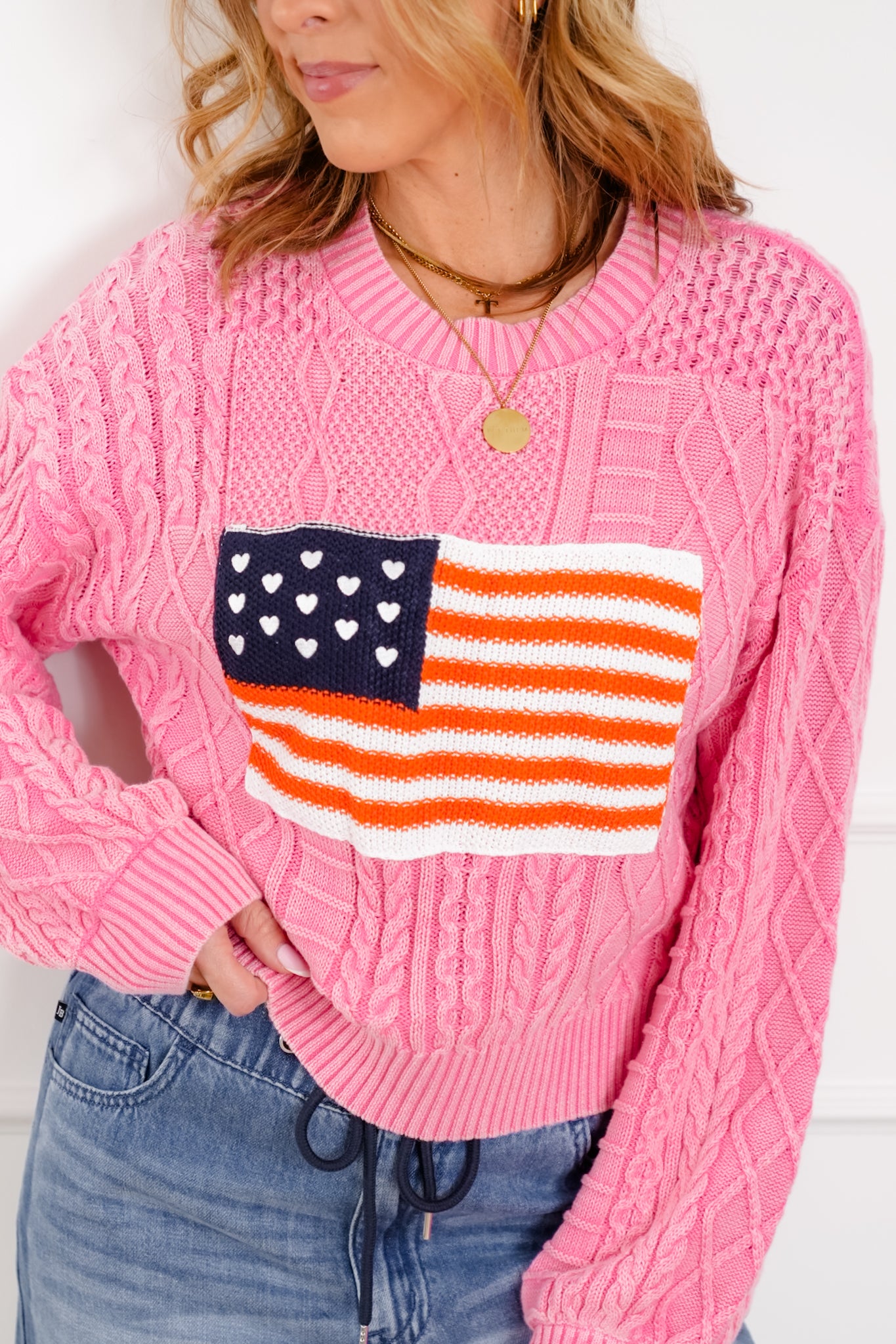 POL Long Sleeve Round Neck American Flag Sweater