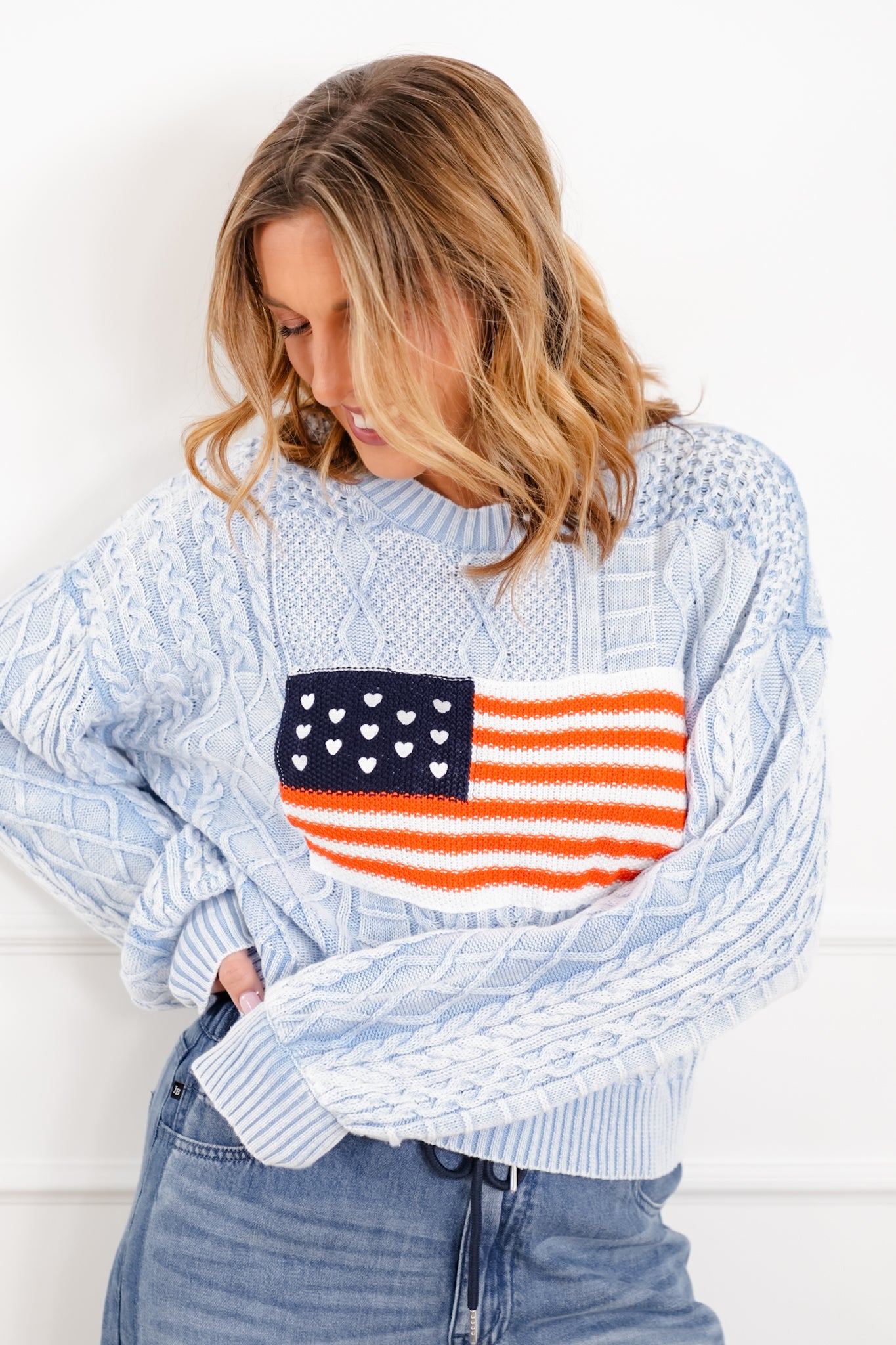 POL Long Sleeve Round Neck American Flag Sweater