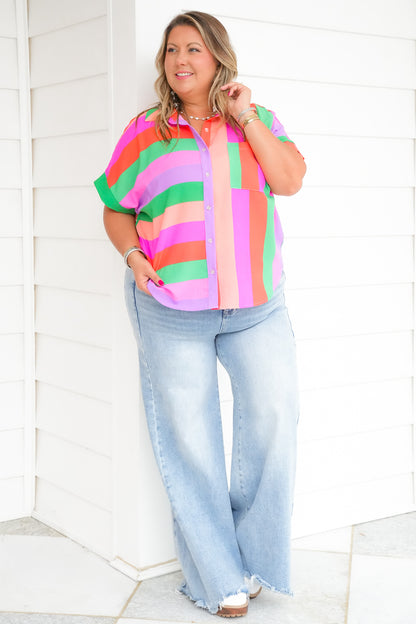 Restock! Plus/Reg Multi Color Short Sleeve Button Down Top
