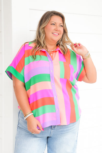 Restock! Plus/Reg Multi Color Short Sleeve Button Down Top
