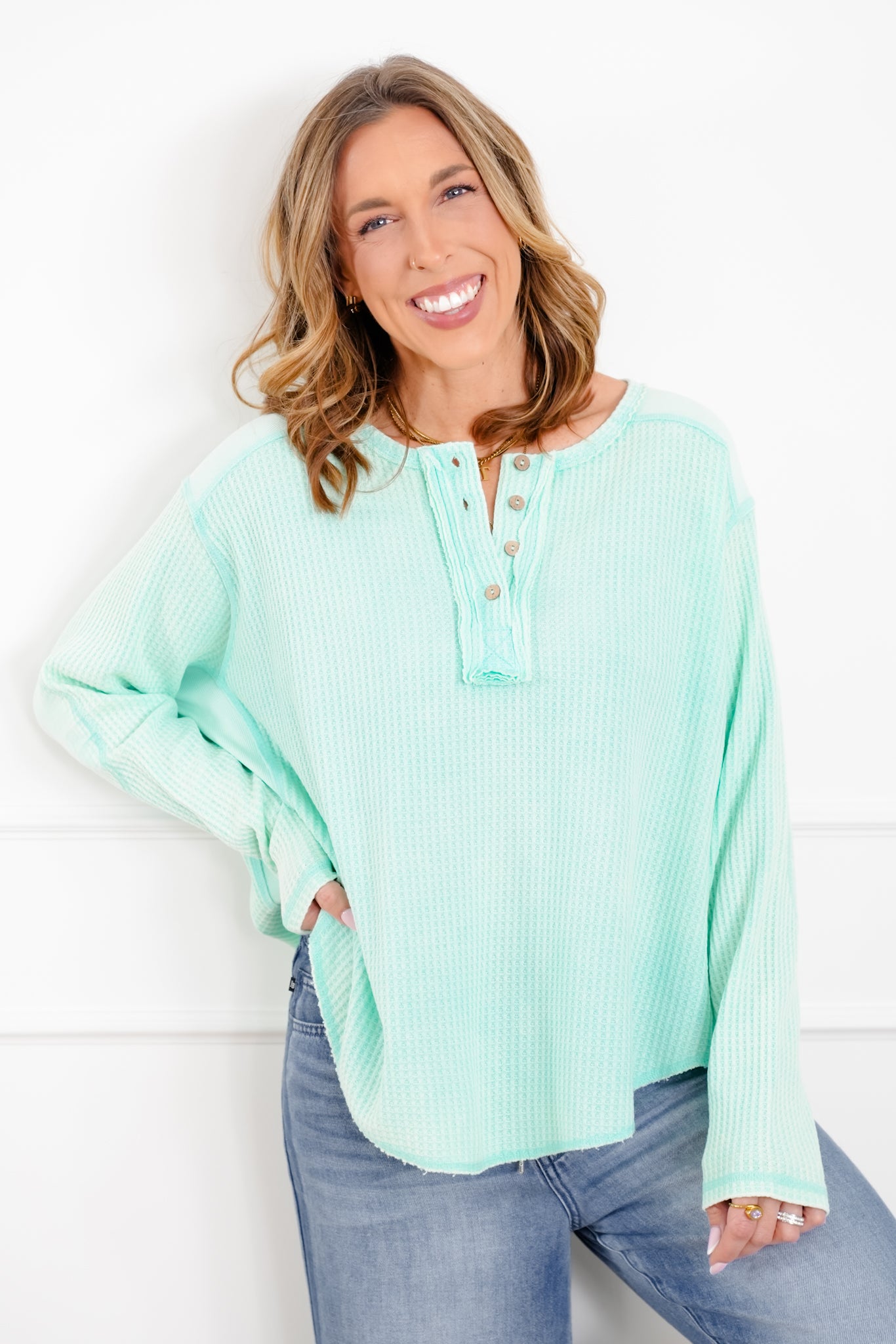 Long Sleeve Waffle Knit Button Down Top