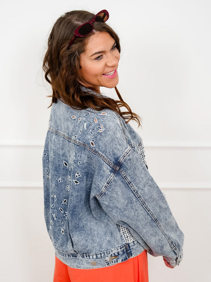 POL Swiss Dot Plaid Accent Denim Jacket with Eyelet Detail