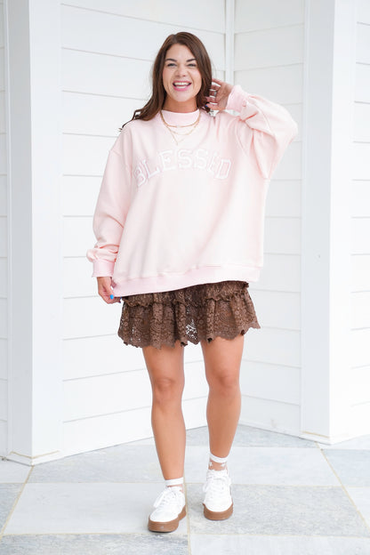 Long Sleeve Embroidered " Blessed"  Pullover Sweatshirt