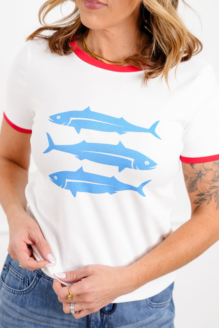 Short Sleeve Crew Neck Sardines Graphic Top