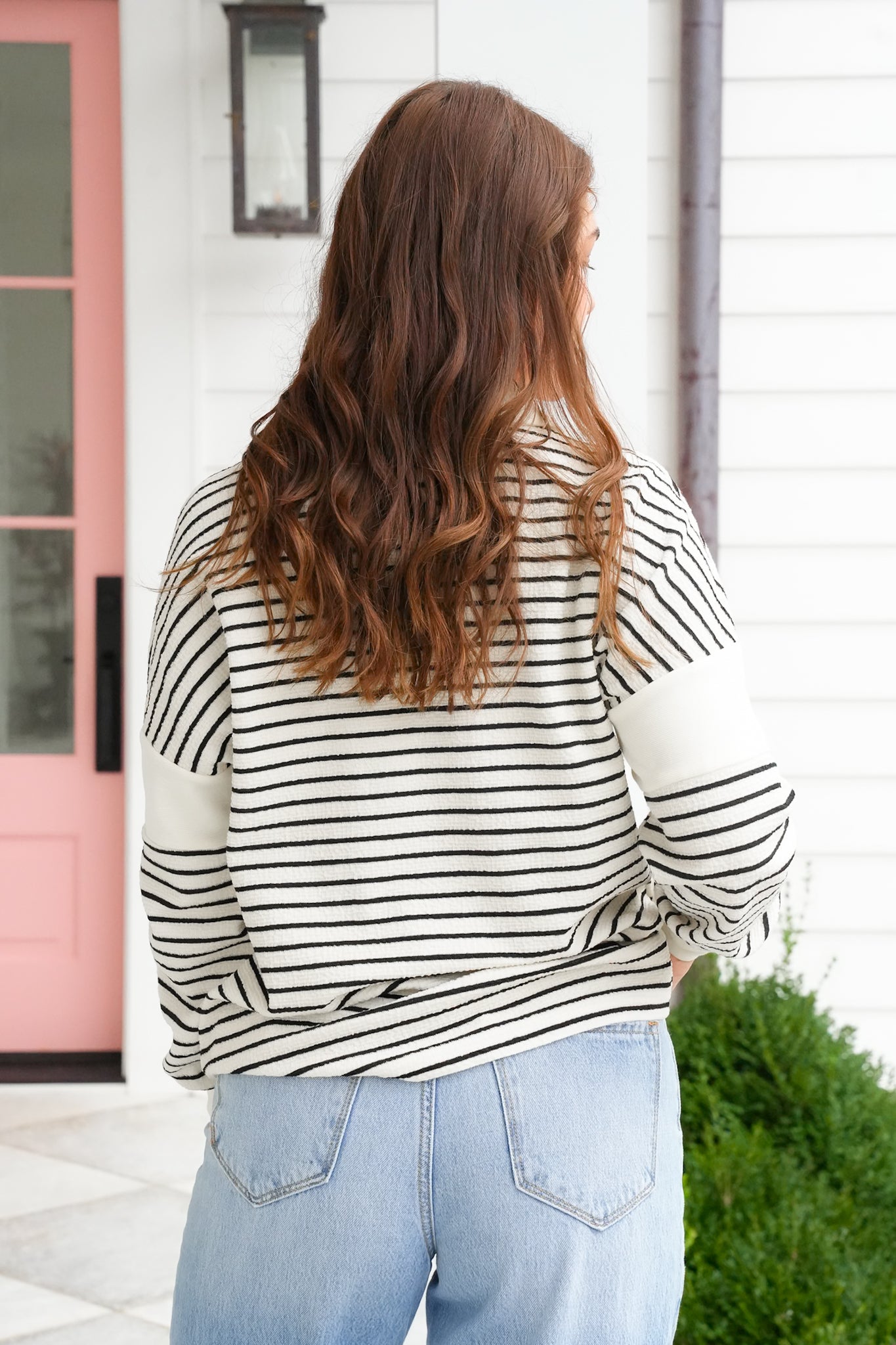 Textured Stripe Long Sleeve V Neck Pullover Top