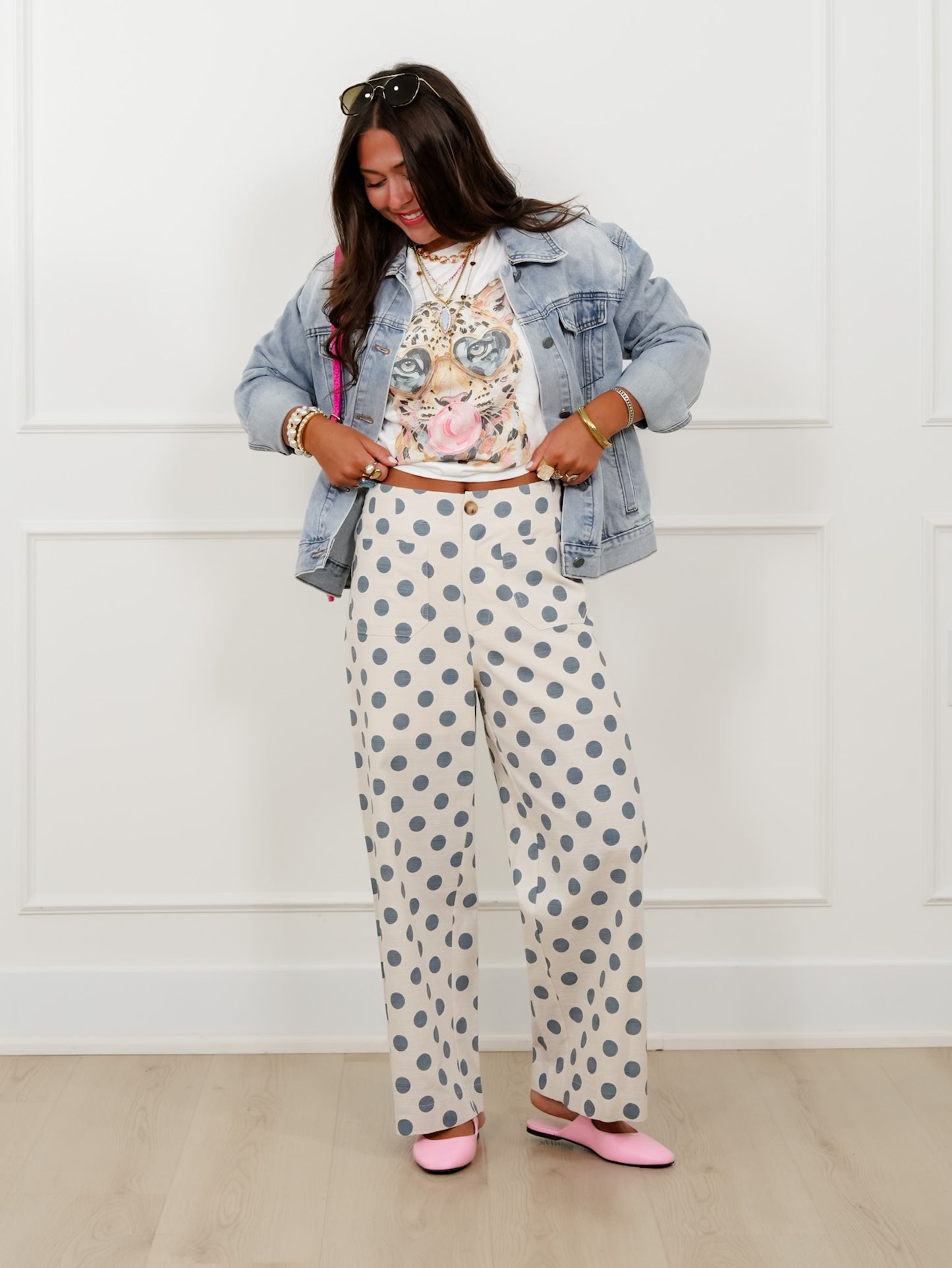 Polka Dot Print Elastic Back Wide Leg Pants
