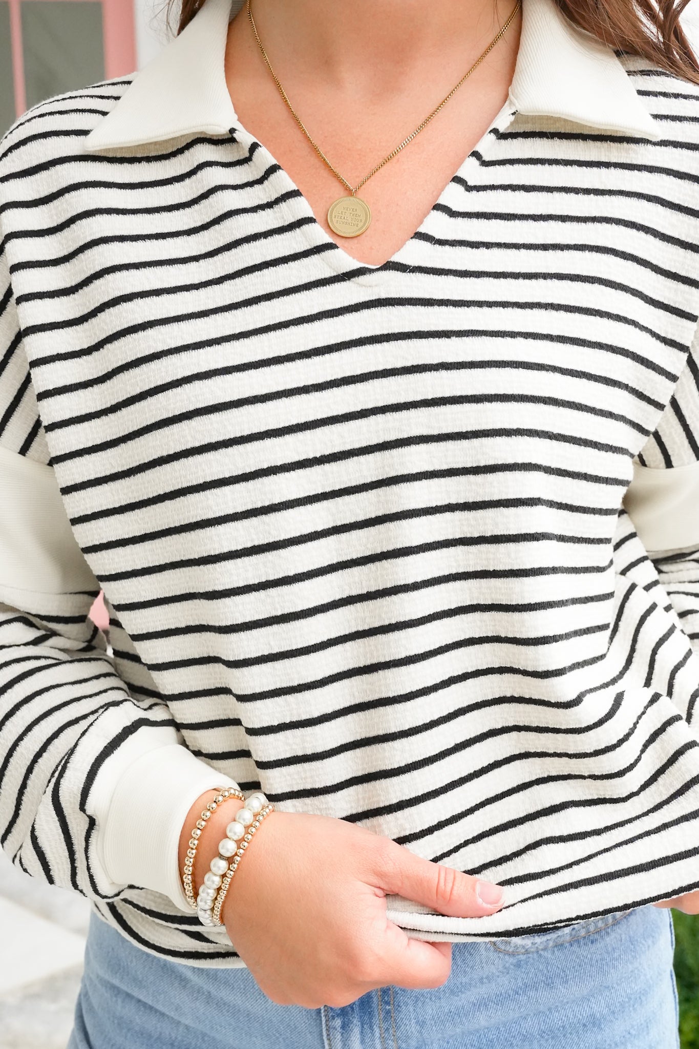 Textured Stripe Long Sleeve V Neck Pullover Top
