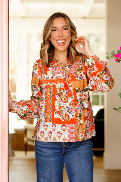 Long Sleeve Tie At The Neck Floral Print Top