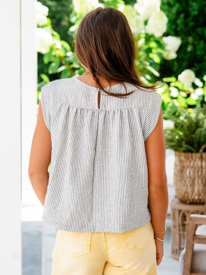 Plus/Reg Stripe Cap Sleeve Round Neck Top - Freckled Poppy