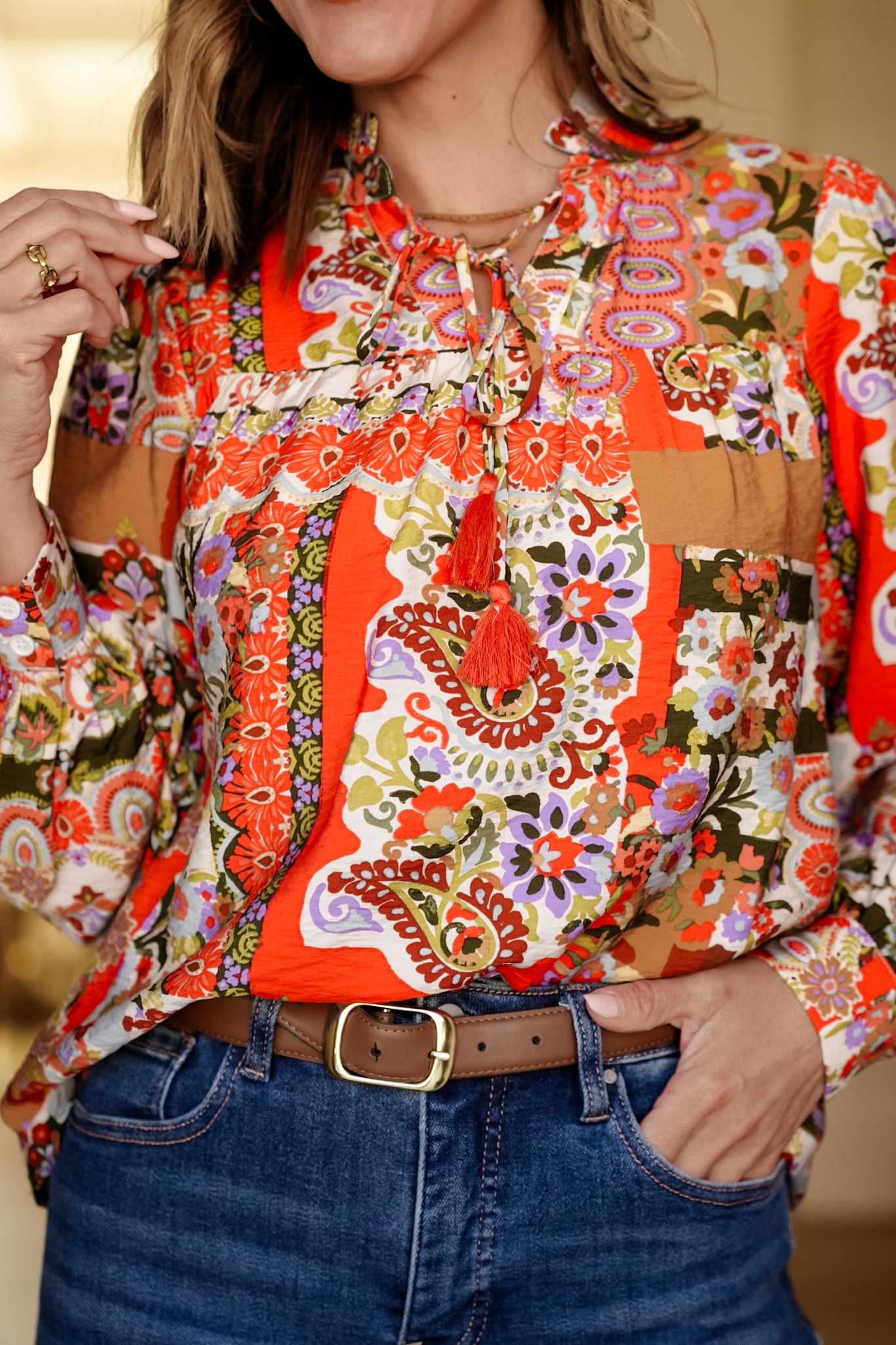 Long Sleeve Tie At The Neck Floral Print Top