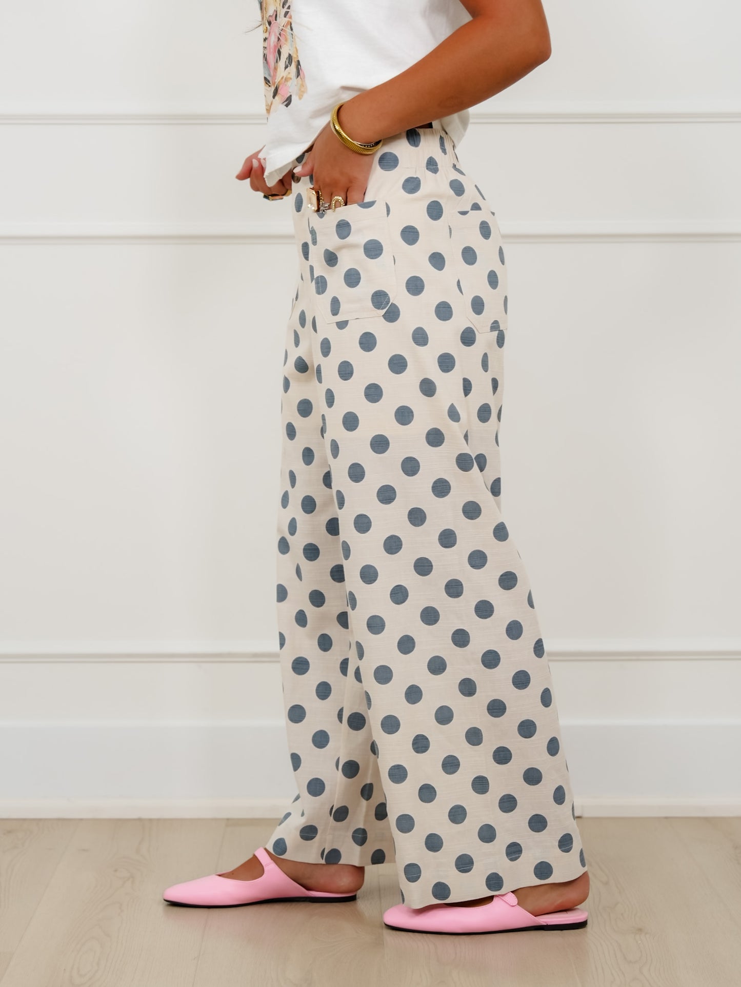 Polka Dot Print Elastic Back Wide Leg Pants