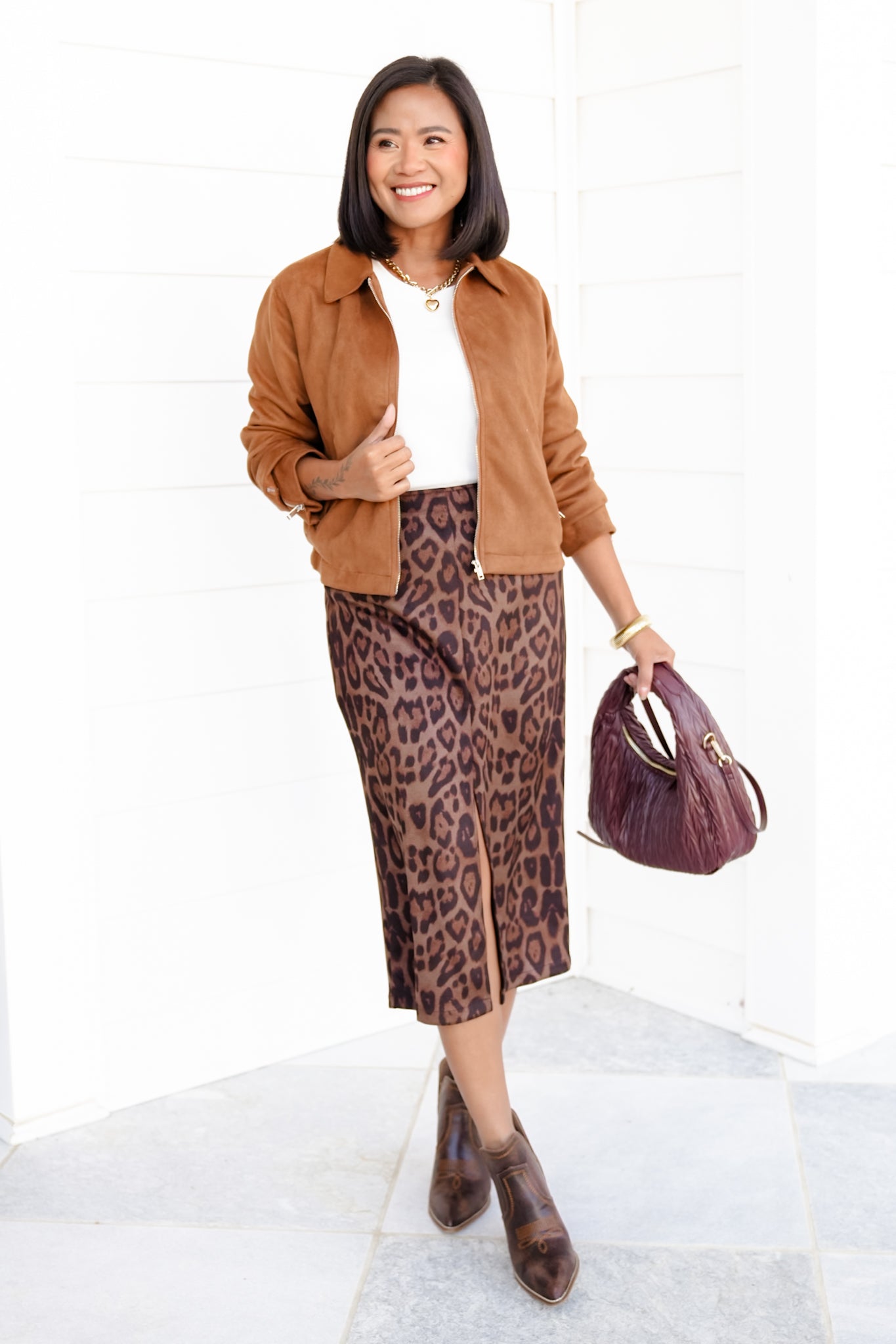 Leopard Print Pencil Midi Skirt with Front Slit