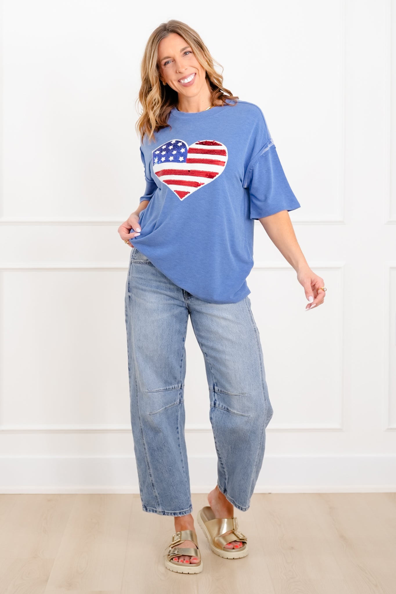 Plus/Reg Short Sleeve Heart American Flag Top