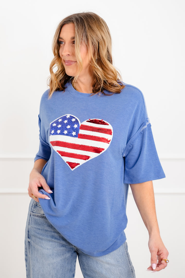 Plus/Reg Short Sleeve Heart American Flag Top