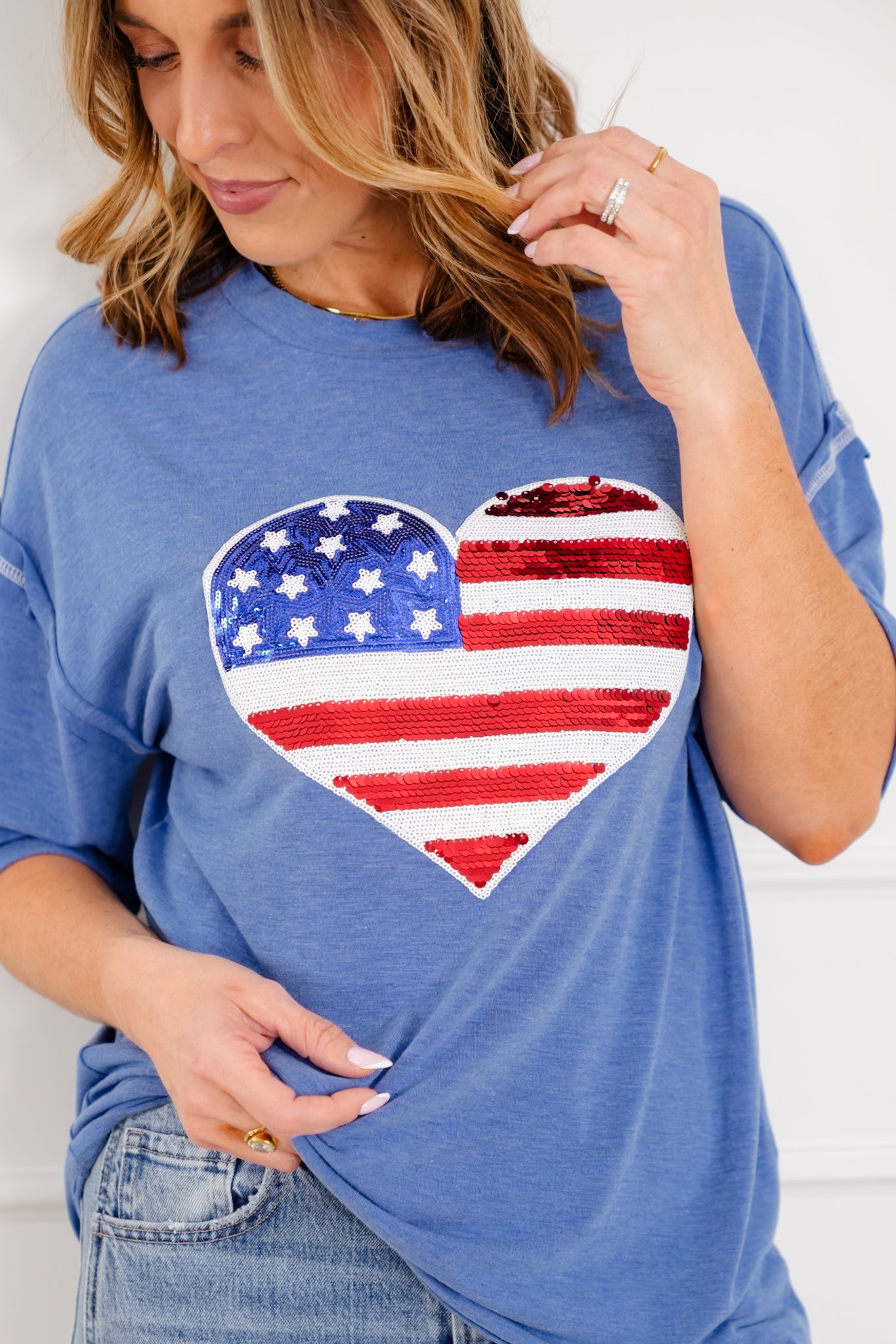 Plus/Reg Short Sleeve Heart American Flag Top