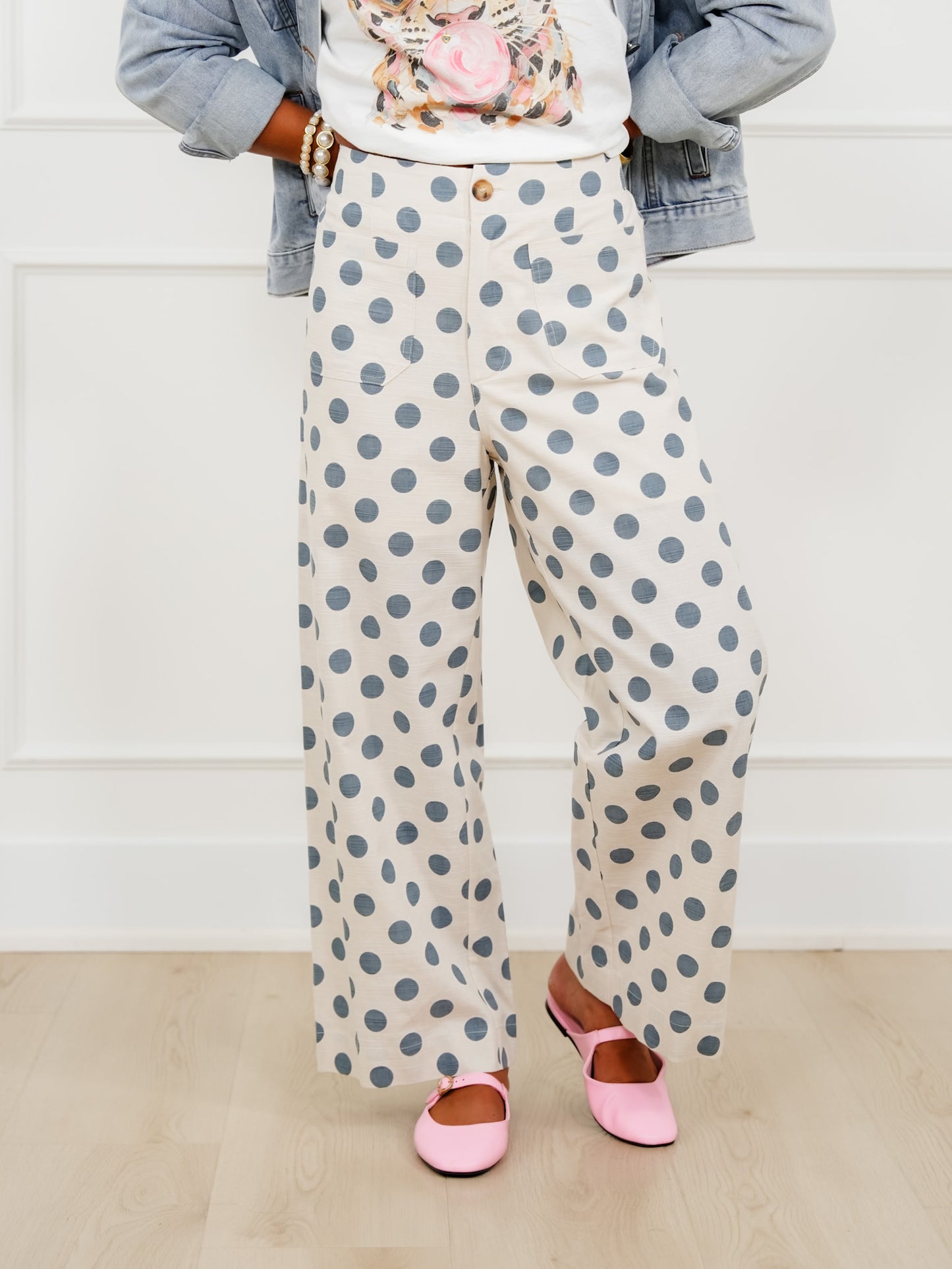 Polka Dot Print Elastic Back Wide Leg Pants