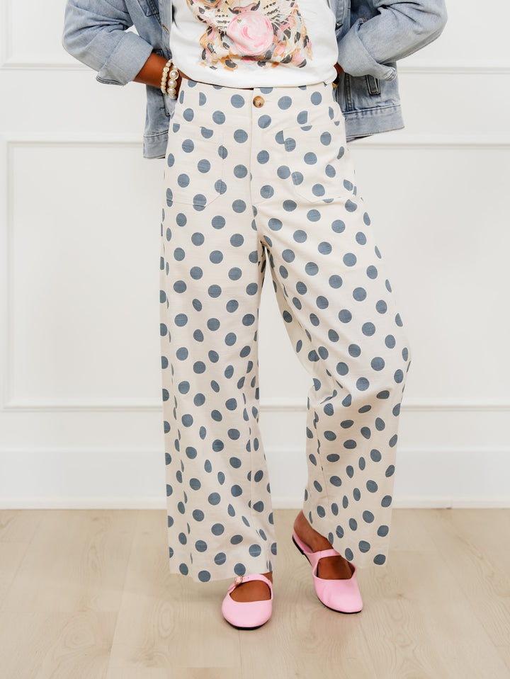 Polka Dot Print Elastic Back Wide Leg Pants