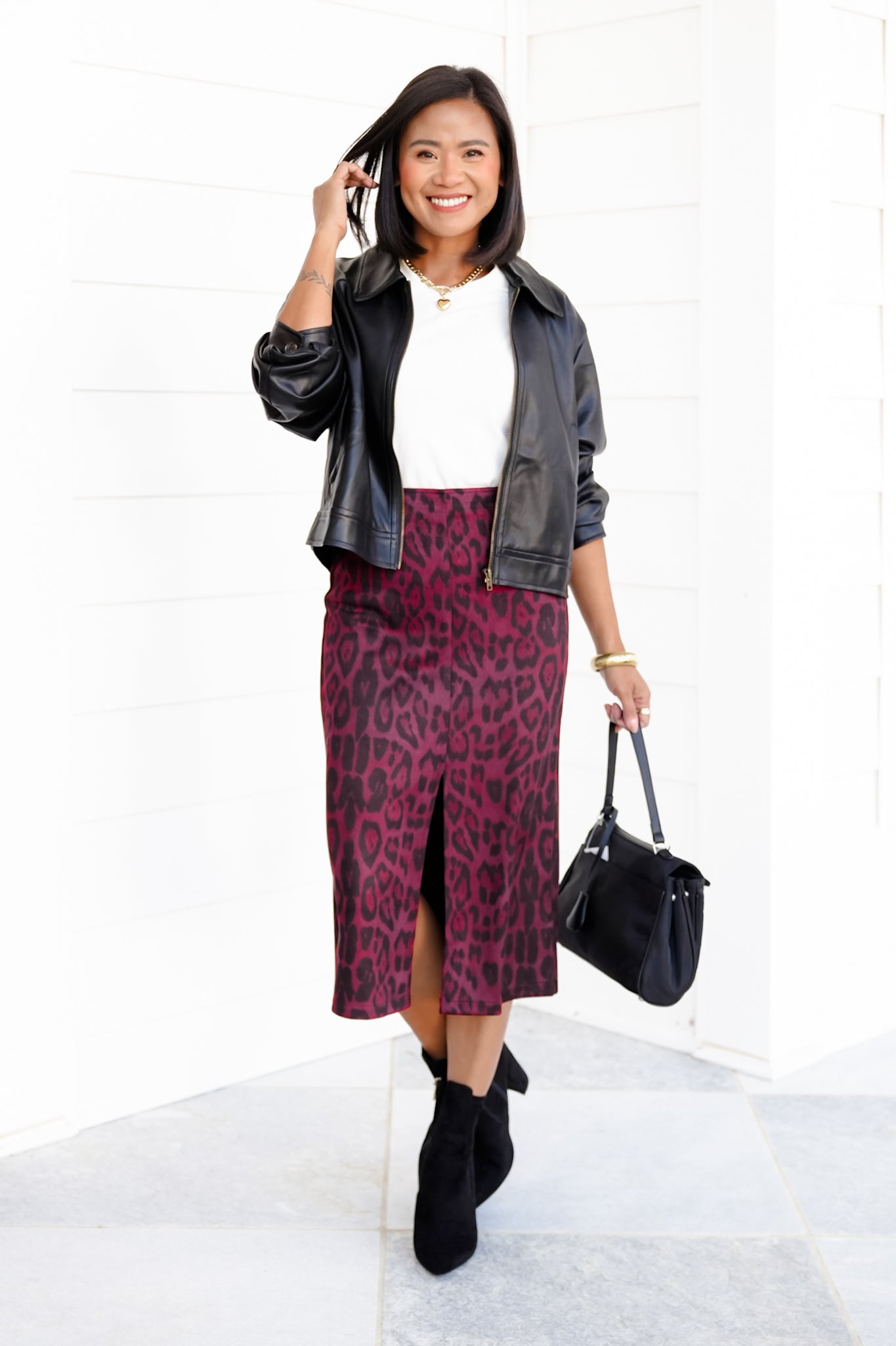 Leopard Print Pencil Midi Skirt with Front Slit
