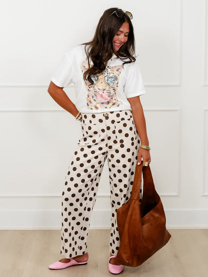 Polka Dot Print Elastic Back Wide Leg Pants