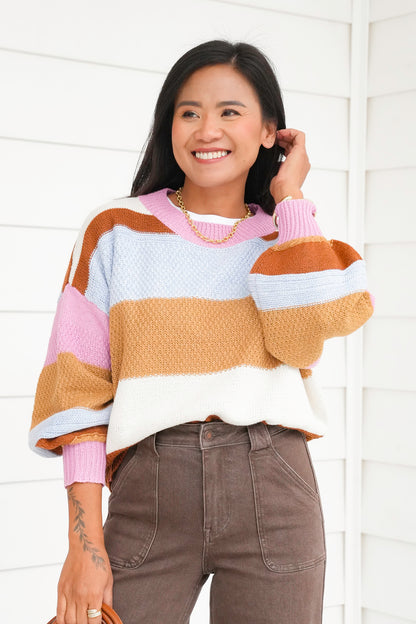 Plus/Reg Color Block Wide Stripe Long Sweater
