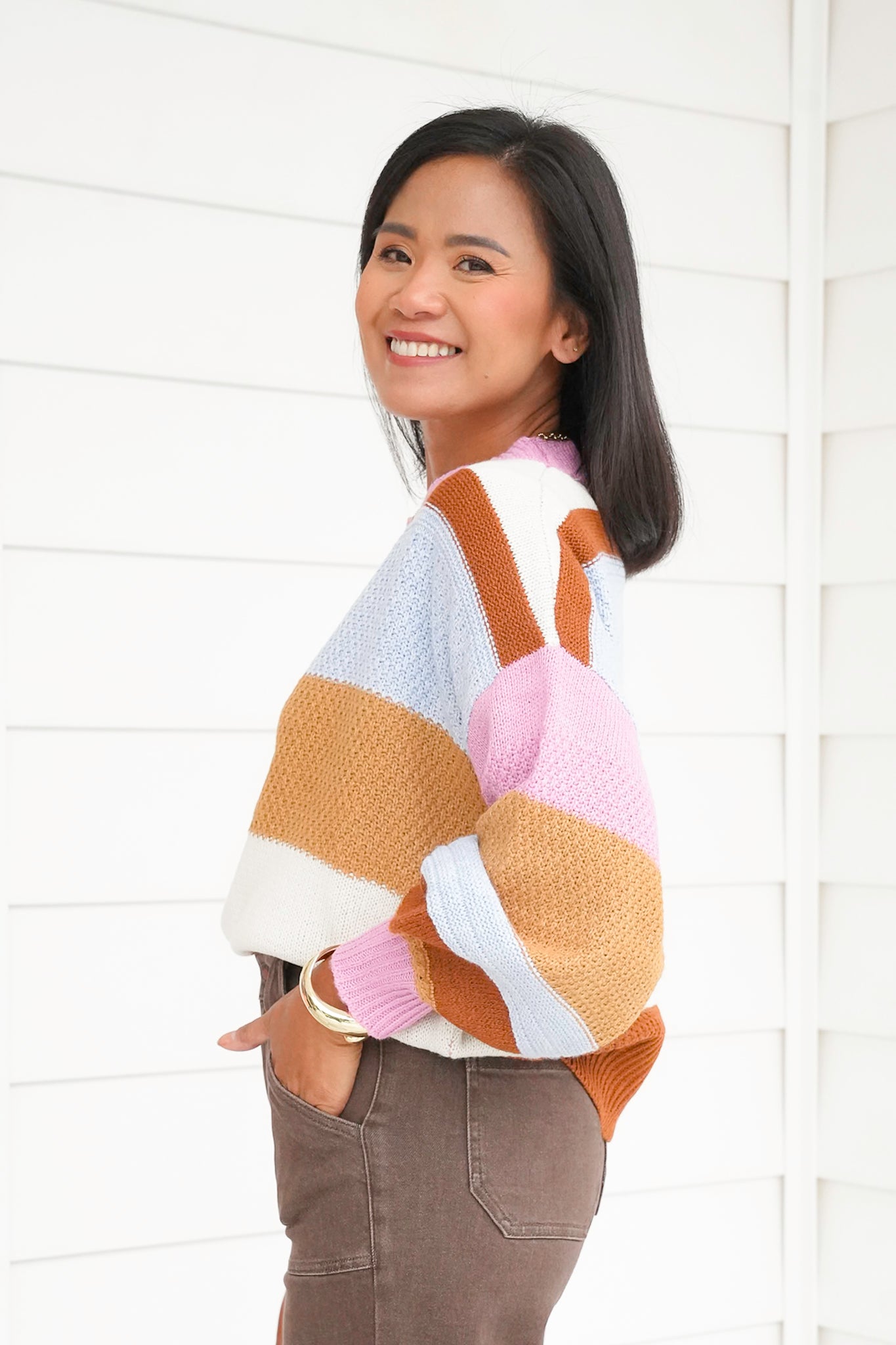 Plus/Reg Color Block Wide Stripe Long Sweater