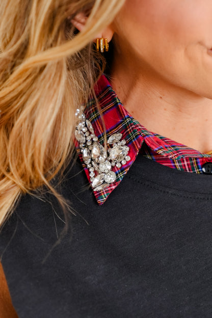 Red Plaid Button Down Collar With Diamond Studs