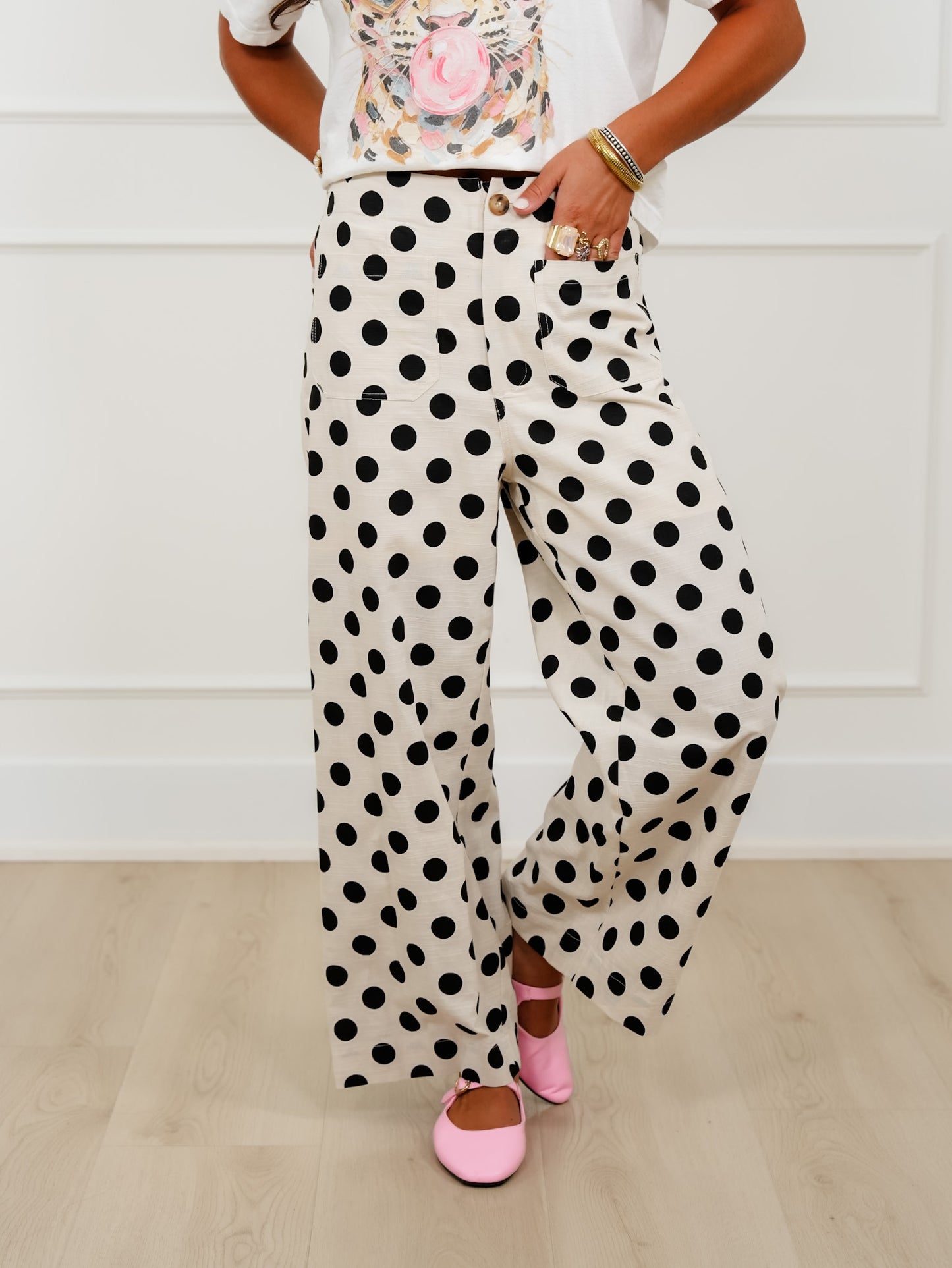 Polka Dot Print Elastic Back Wide Leg Pants