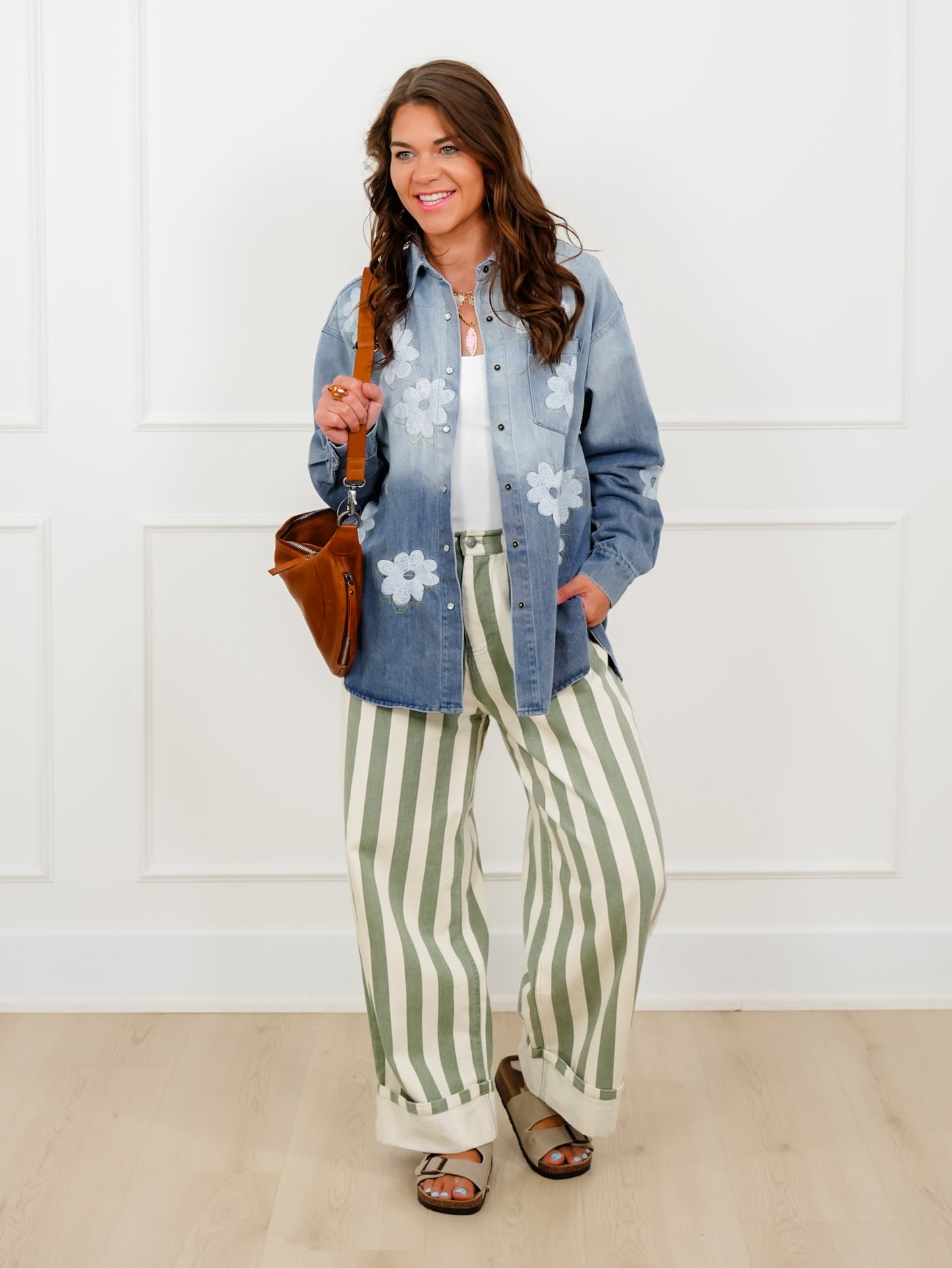 Flower Embroidered Long Sleeve Button Down Top