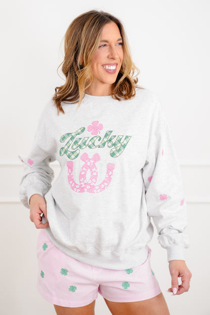 Long Sleeve Embroidered "Lucky" Pullover Sweatshirt
