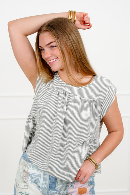 Plus/Reg Stripe Cap Sleeve Round Neck Top
