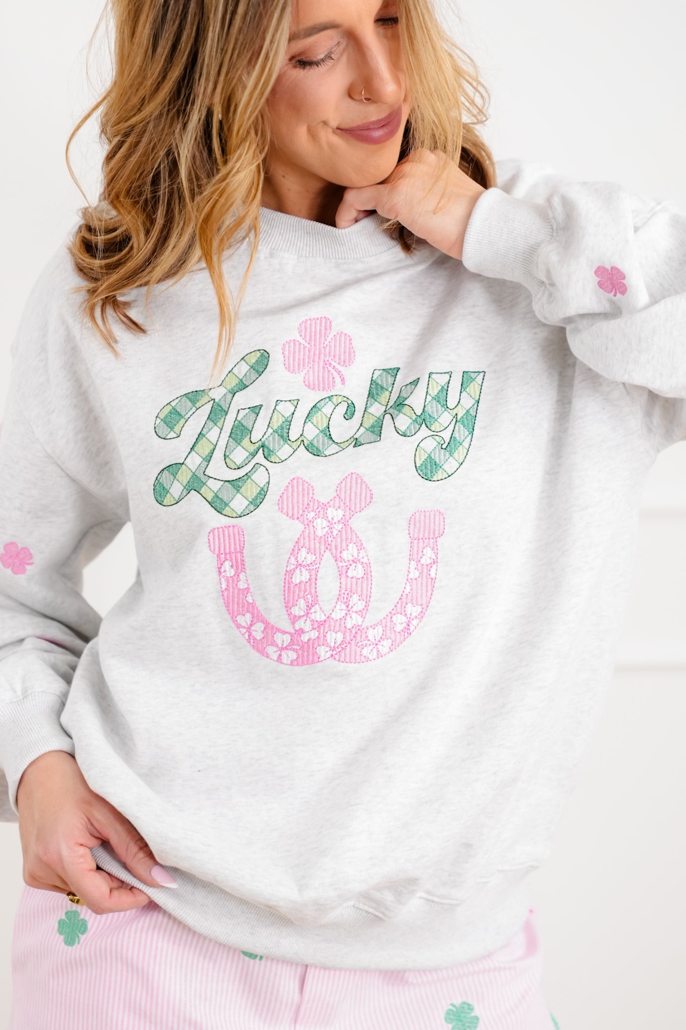 Long Sleeve Embroidered "Lucky" Pullover Sweatshirt