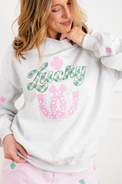 Long Sleeve Embroidered "Lucky" Pullover Sweatshirt