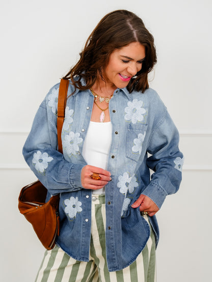 Flower Embroidered Long Sleeve Button Down Top